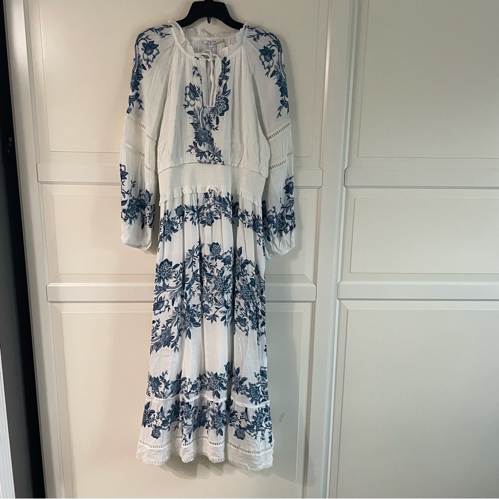 Chico's White and Blue Ruffled Maxi Dress